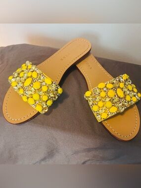 Trina Turk Yellow Jeweled Slide Sandals with Crystal Embellishments